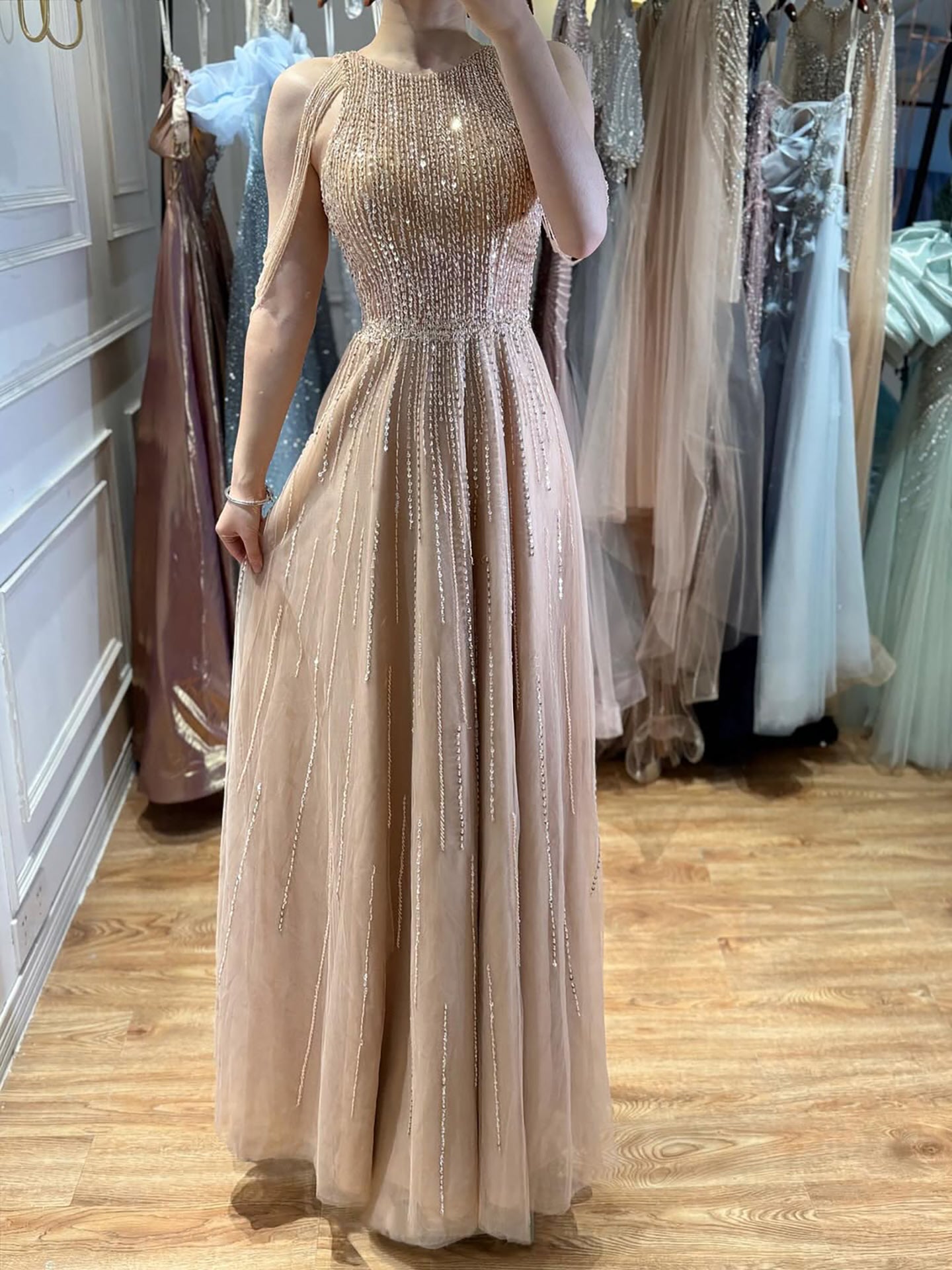 Luxury Pink Beaded Tassel A-Line Evening Dress CLA70266