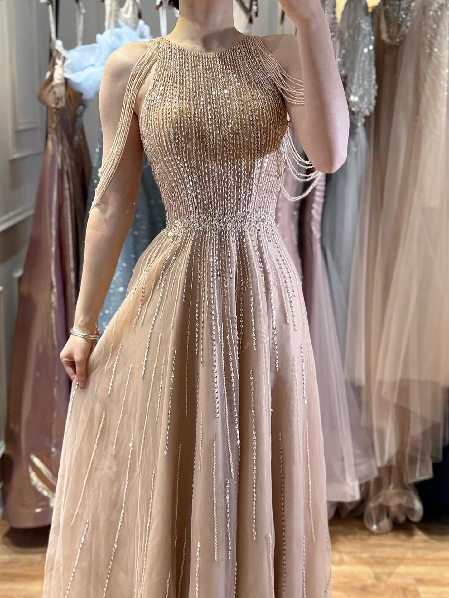 Luxury Pink Beaded Tassel A-Line Evening Dress CLA70266