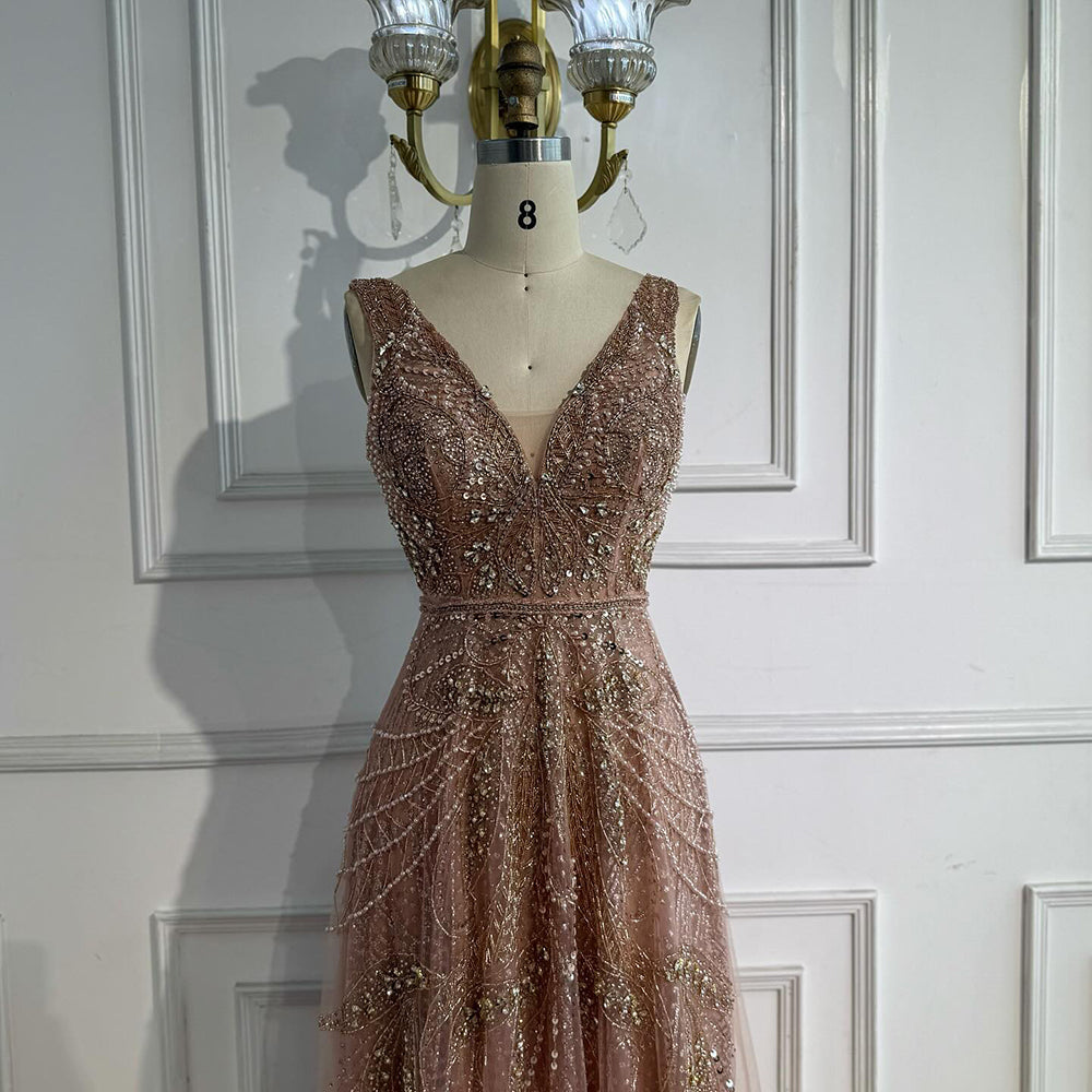Arabic Luxury Beaded Sleeveless A-Line V-Neck Elegant Evening Dress CLA70287