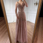 Arabic Luxury Beaded Sleeveless A-Line V-Neck Elegant Evening Dress CLA70287