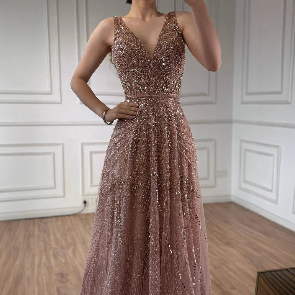 Arabic Luxury Beaded Sleeveless A-Line V-Neck Elegant Evening Dress CLA70287