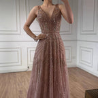 Arabic Luxury Beaded Sleeveless A-Line V-Neck Elegant Evening Dress CLA70287