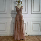 Arabic Luxury Beaded Sleeveless A-Line V-Neck Elegant Evening Dress CLA70287