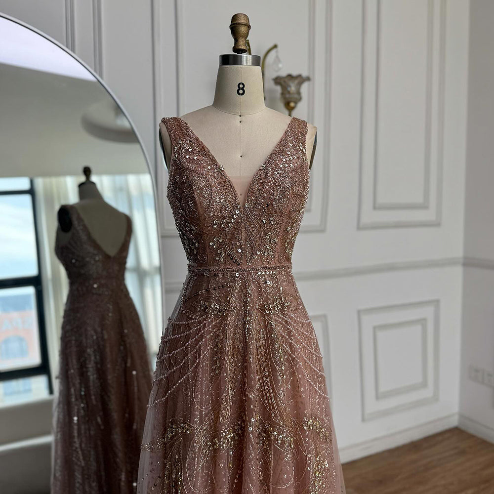 Arabic Luxury Beaded Sleeveless A-Line V-Neck Elegant Evening Dress CLA70287