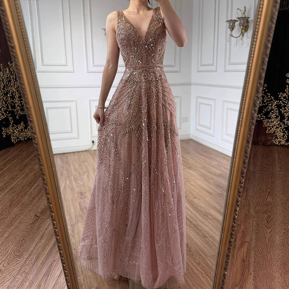 Arabic Luxury Beaded Sleeveless A-Line V-Neck Elegant Evening Dress CLA70287