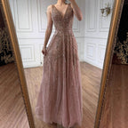 Arabic Luxury Beaded Sleeveless A-Line V-Neck Elegant Evening Dress CLA70287