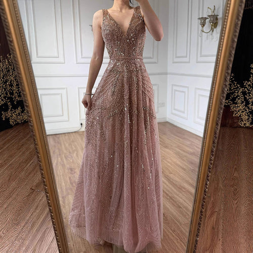 Arabic Luxury Beaded Sleeveless A-Line V-Neck Elegant Evening Dress CLA70287