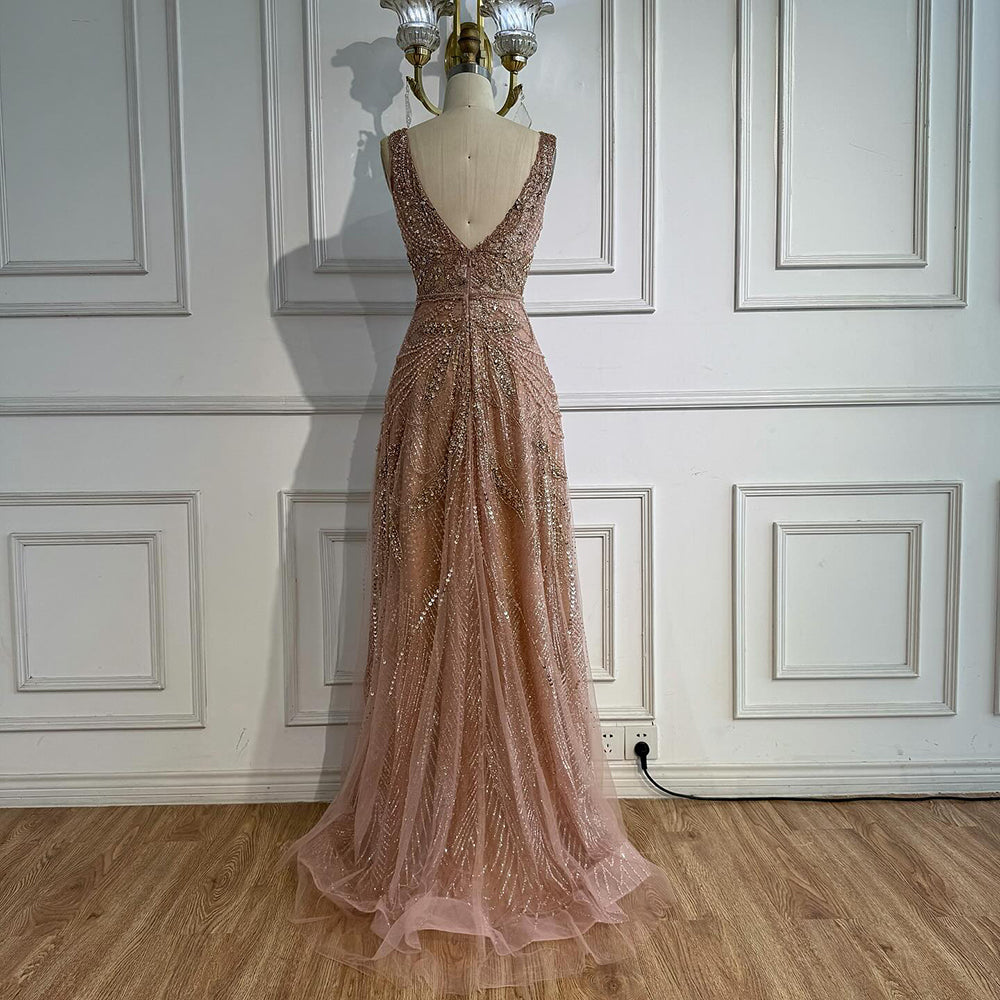 Arabic Luxury Beaded Sleeveless A-Line V-Neck Elegant Evening Dress CLA70287