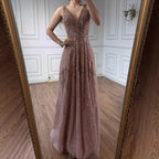 Arabic Luxury Beaded Sleeveless A-Line V-Neck Elegant Evening Dress CLA70287