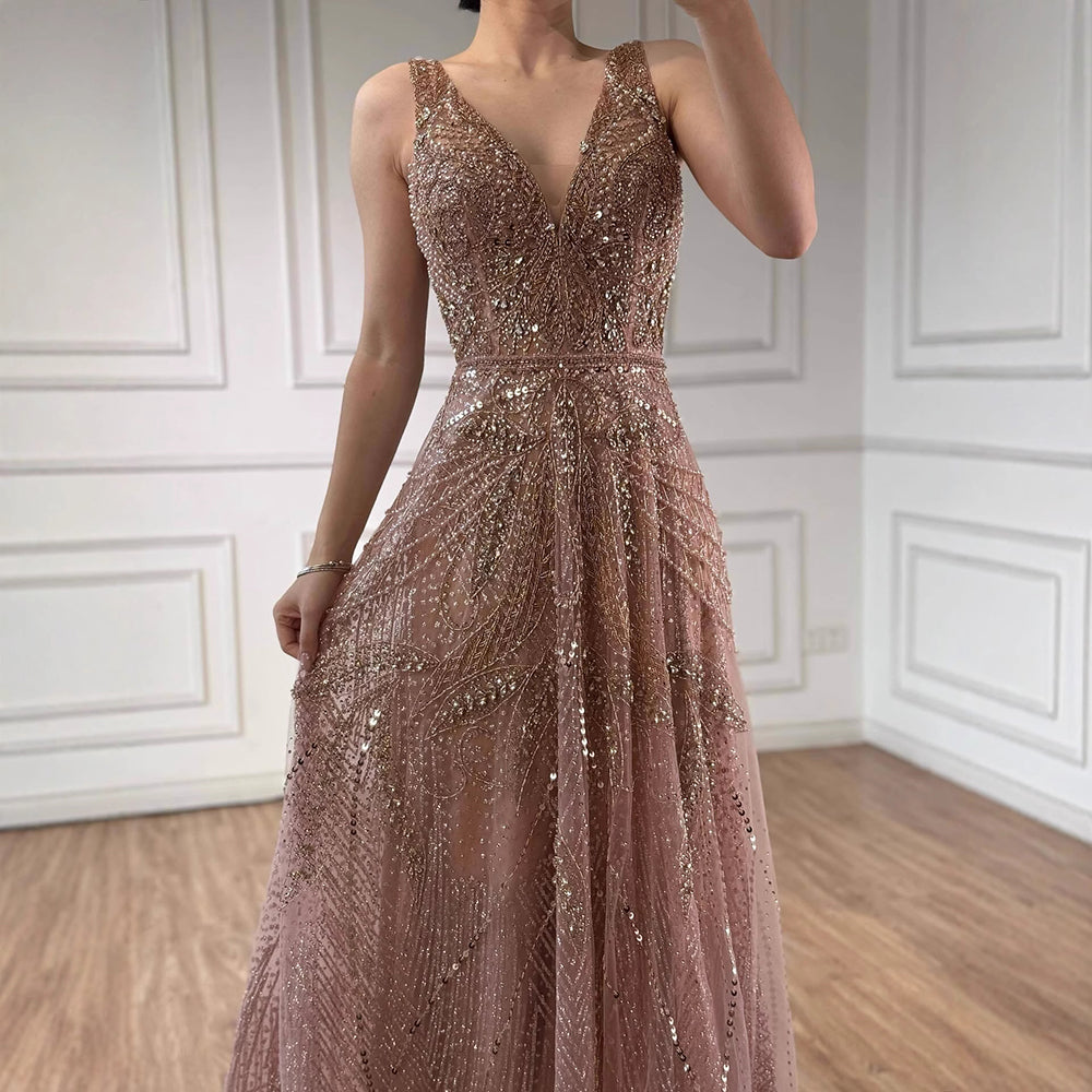 Arabic Luxury Beaded Sleeveless A-Line V-Neck Elegant Evening Dress CLA70287