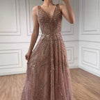 Arabic Luxury Beaded Sleeveless A-Line V-Neck Elegant Evening Dress CLA70287