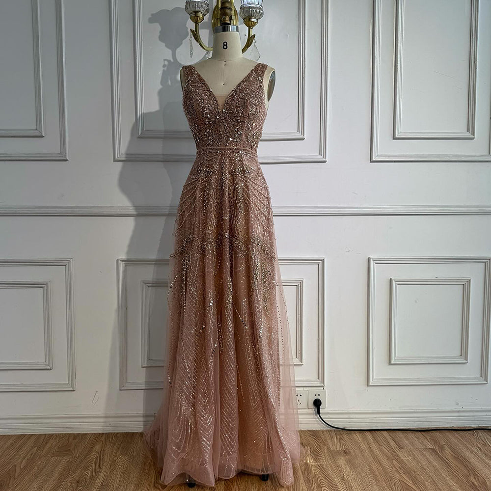 Arabic Luxury Beaded Sleeveless A-Line V-Neck Elegant Evening Dress CLA70287