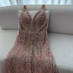 Arabic Luxury Beaded Sleeveless A-Line V-Neck Elegant Evening Dress CLA70287