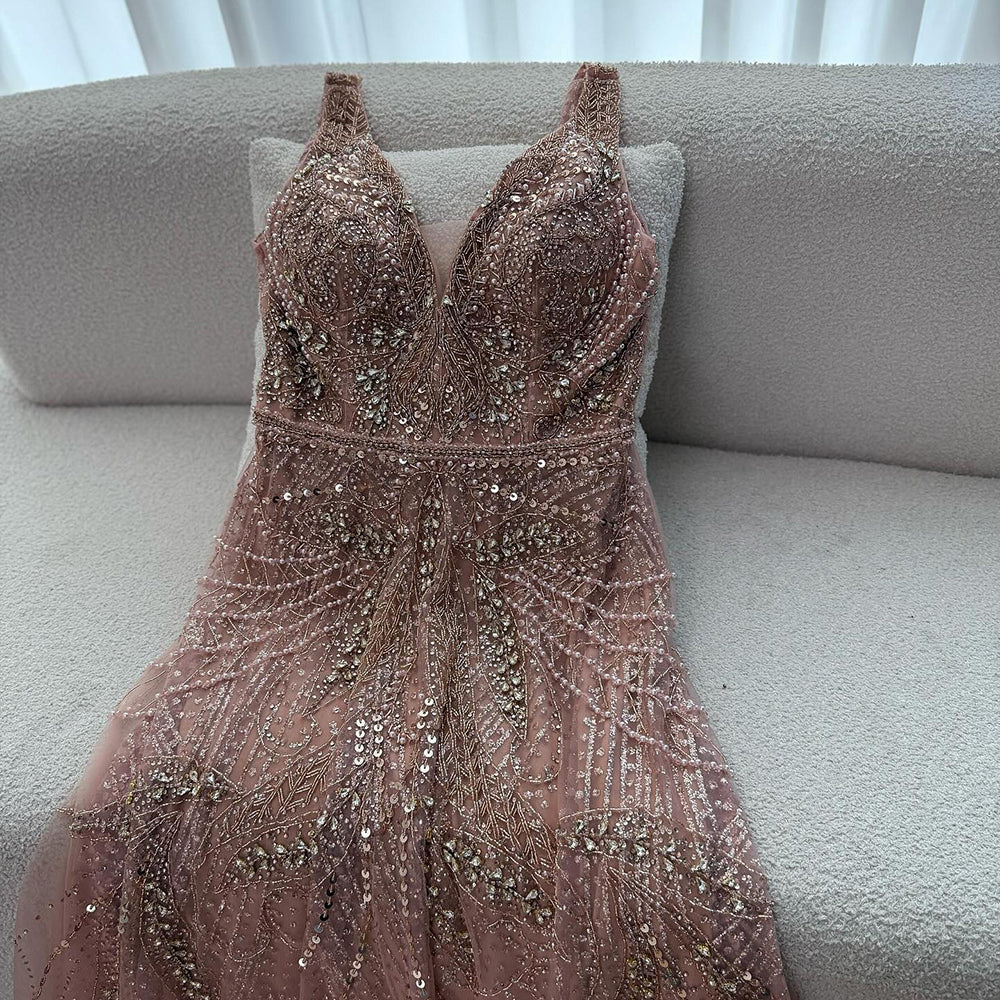 Arabic Luxury Beaded Sleeveless A-Line V-Neck Elegant Evening Dress CLA70287