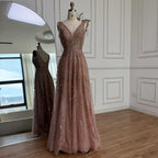 Arabic Luxury Beaded Sleeveless A-Line V-Neck Elegant Evening Dress CLA70287