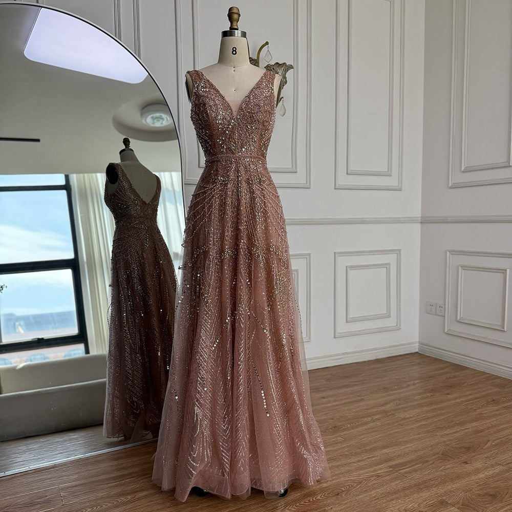 Arabic Luxury Beaded Sleeveless A-Line V-Neck Elegant Evening Dress CLA70287