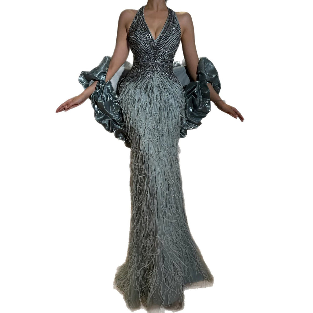 Luxury Beige Beaded Feather Mermaid Evening Dress with Slit LA70623B