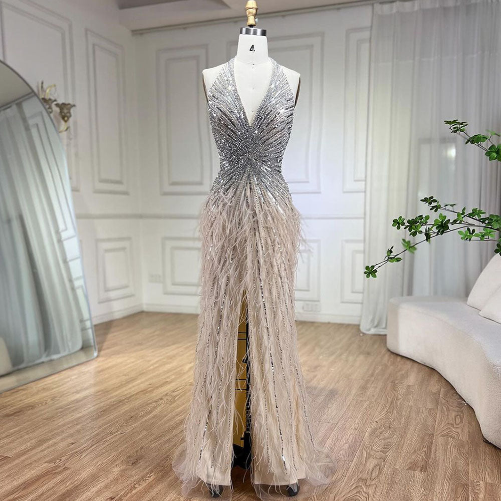 Luxury Dusty Blue Beaded Feather Mermaid Evening Dress with Slit CLA70623B