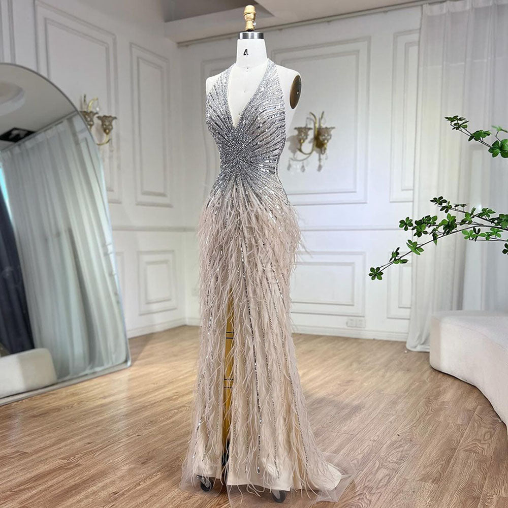 Luxury Beige Beaded Feather Mermaid Evening Dress with Slit LA70623B