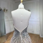 Luxury Beige Beaded Feather Mermaid Evening Dress with Slit LA70623B