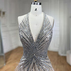 Luxury Beige Beaded Feather Mermaid Evening Dress with Slit LA70623B