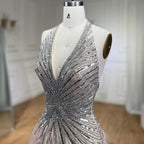 Luxury Beige Beaded Feather Mermaid Evening Dress with Slit LA70623B