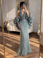 Luxury Beige Beaded Feather Mermaid Evening Dress with Slit LA70623B