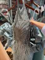 Luxury Turquoise Beaded Feather Halter Mermaid Dress CLA70623C