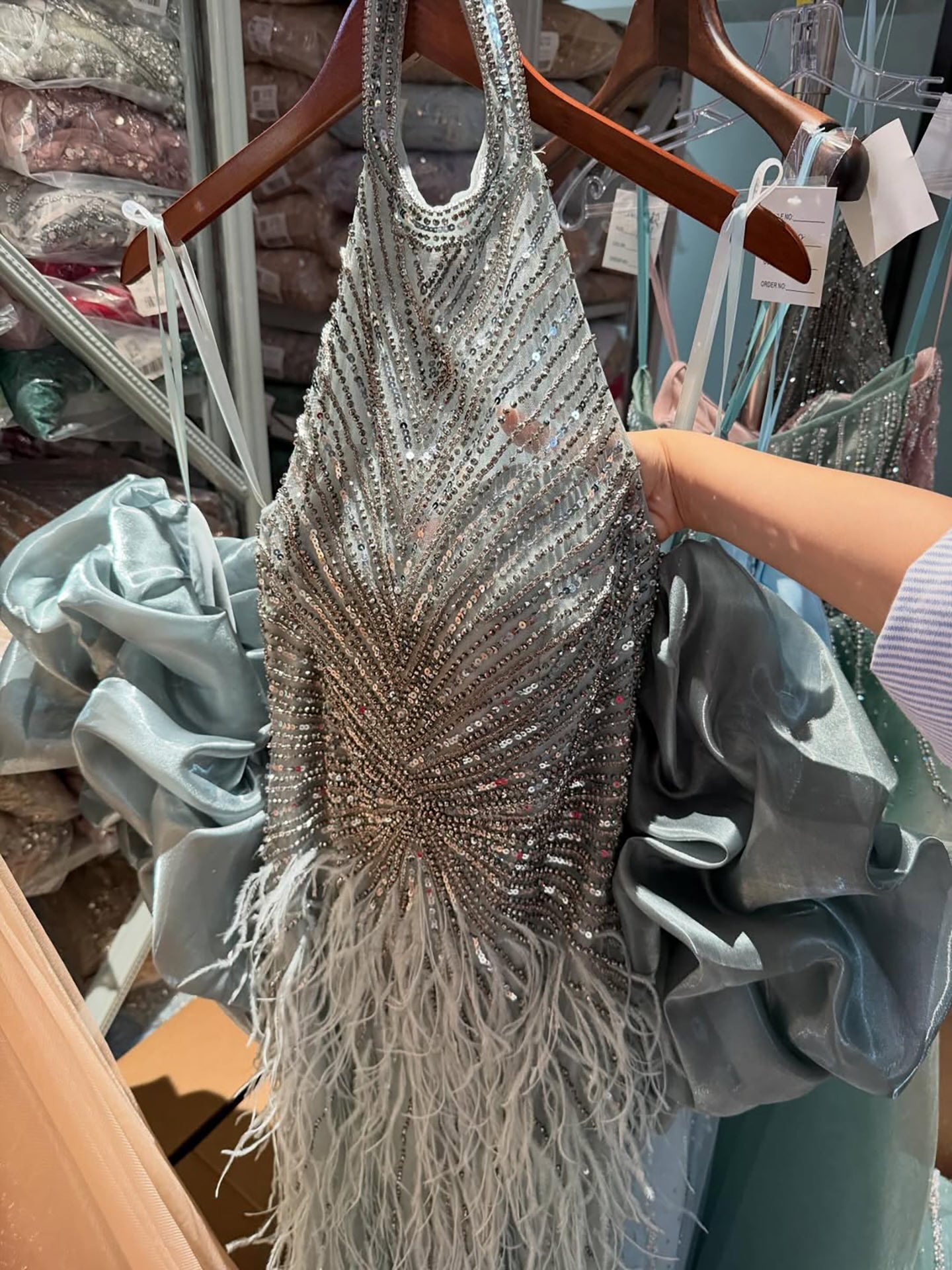 Luxury Turquoise Beaded Feather Halter Mermaid Dress CLA70623C