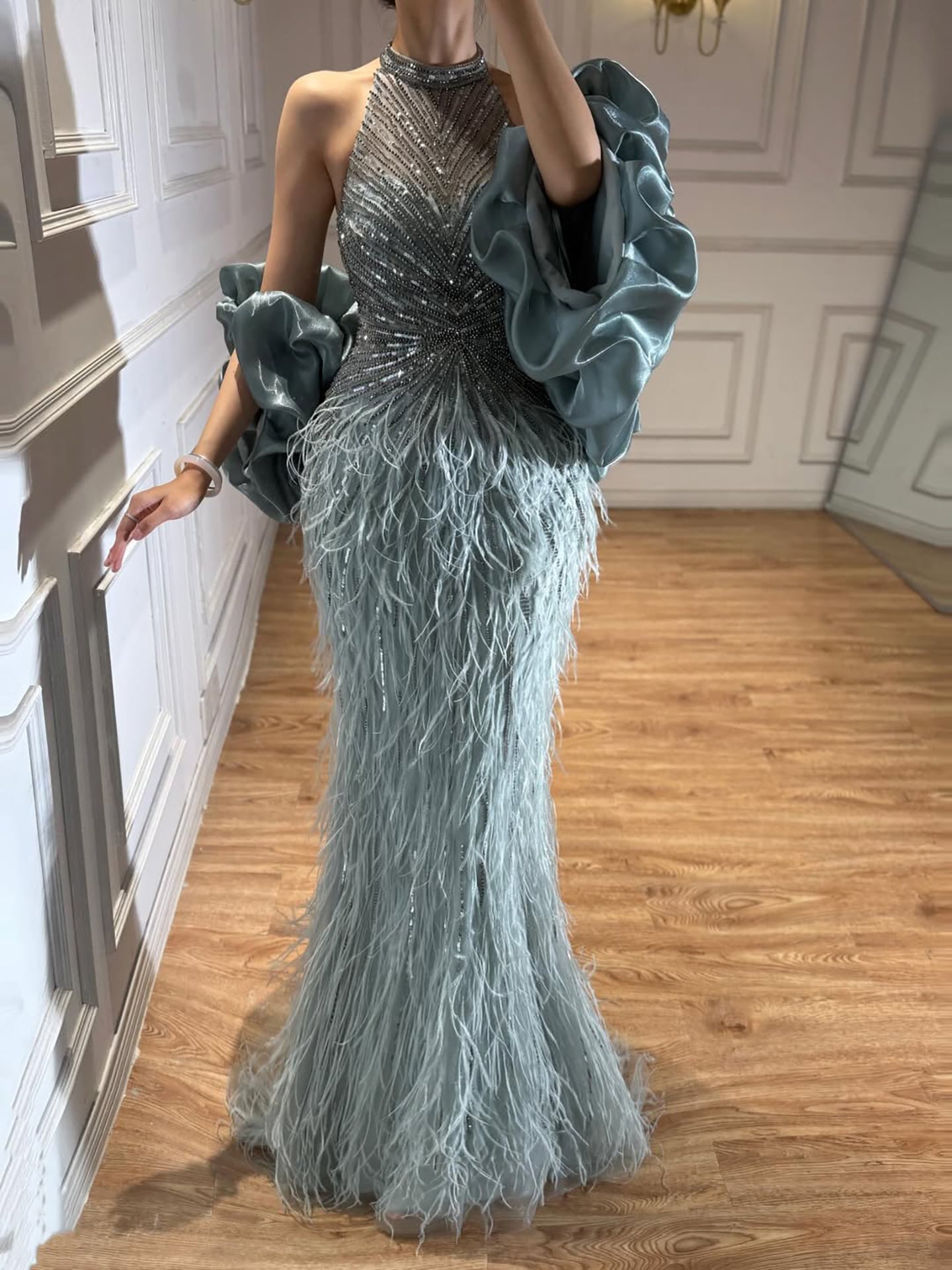 Luxury Turquoise Beaded Feather Halter Mermaid Dress CLA70623C