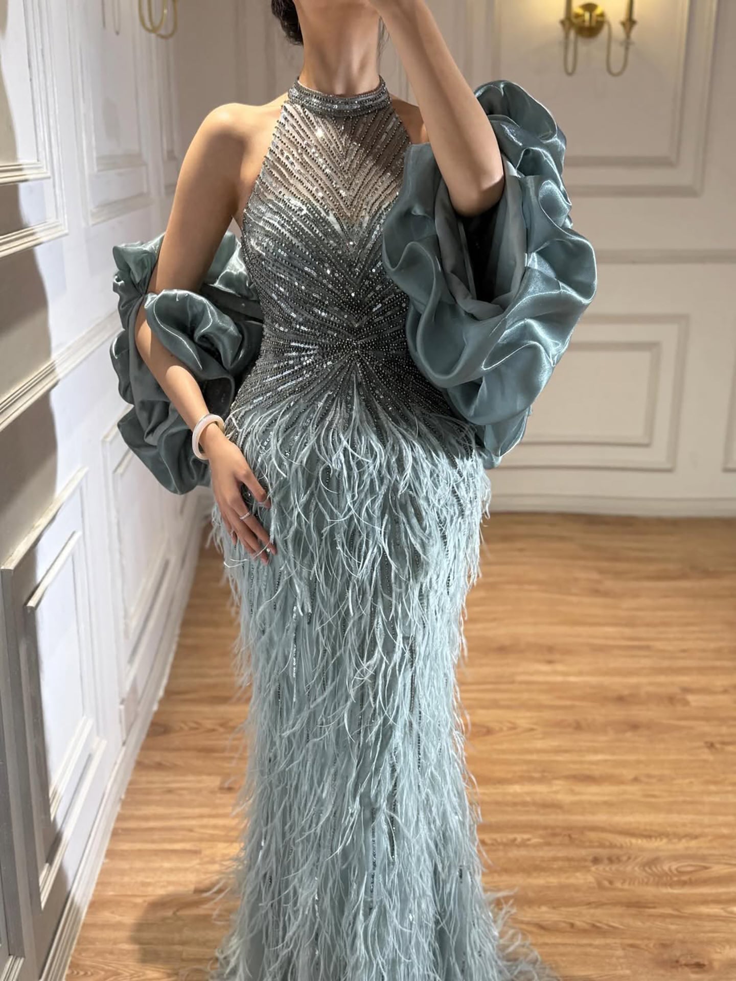 Luxury Turquoise Beaded Feather Halter Mermaid Dress CLA70623C