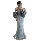 Luxury Turquoise Beaded Feather Halter Mermaid Dress CLA70623C