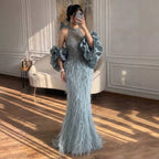 Luxury Turquoise Beaded Feather Halter Mermaid Dress CLA70623C