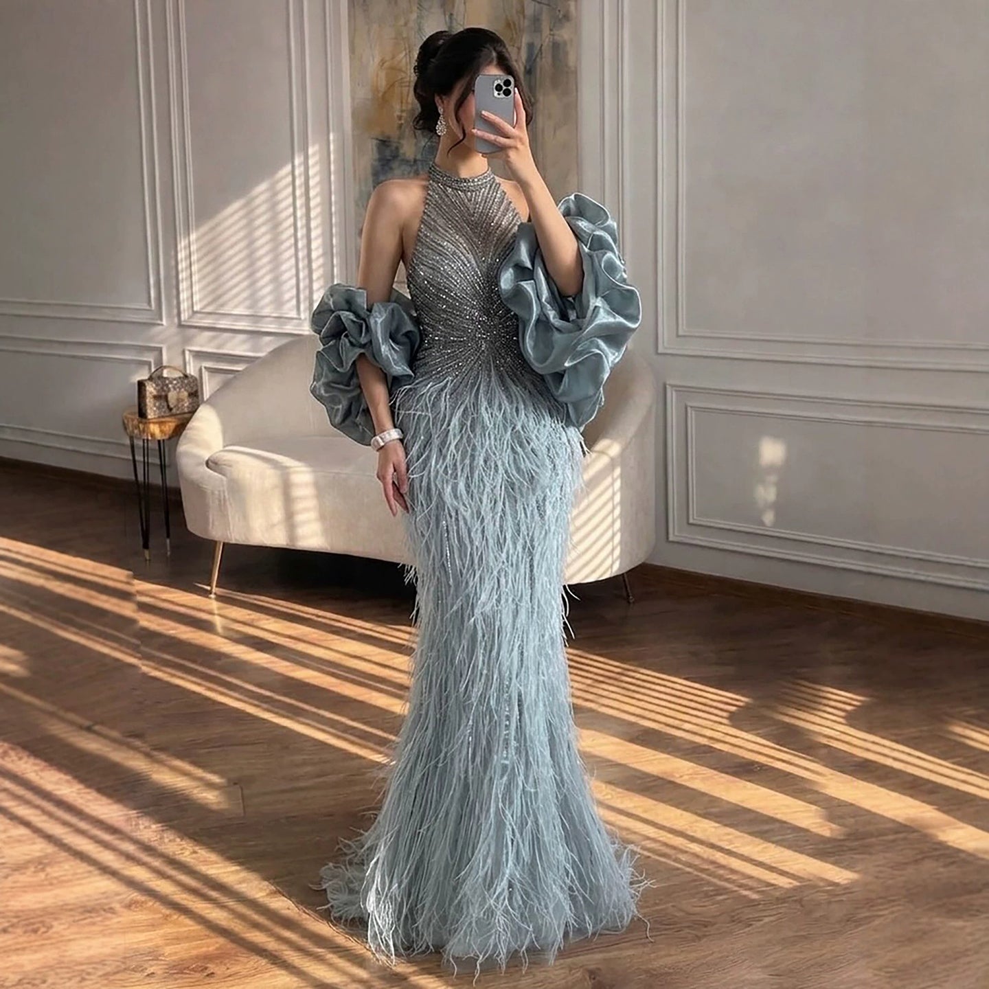 Luxury Turquoise Beaded Feather Halter Mermaid Dress CLA70623C