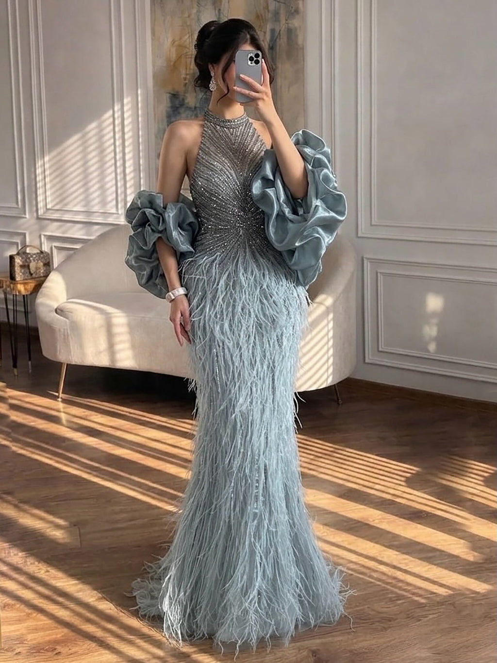 Luxury Turquoise Beaded Feather Halter Mermaid Dress CLA70623C