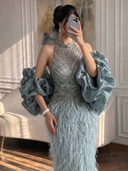 Luxury Turquoise Beaded Feather Halter Mermaid Dress CLA70623C