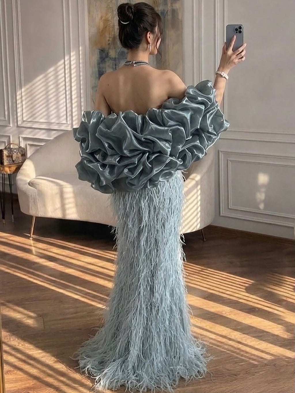 Luxury Turquoise Beaded Feather Halter Mermaid Dress CLA70623C