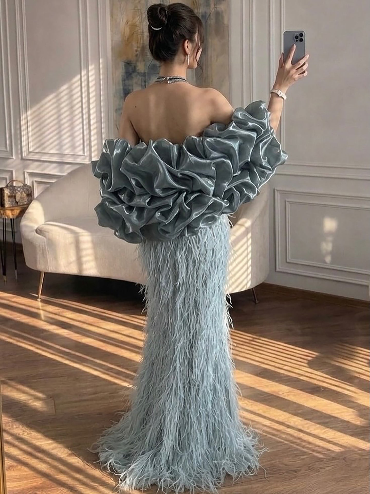 Luxury Turquoise Beaded Feather Halter Mermaid Dress CLA70623C