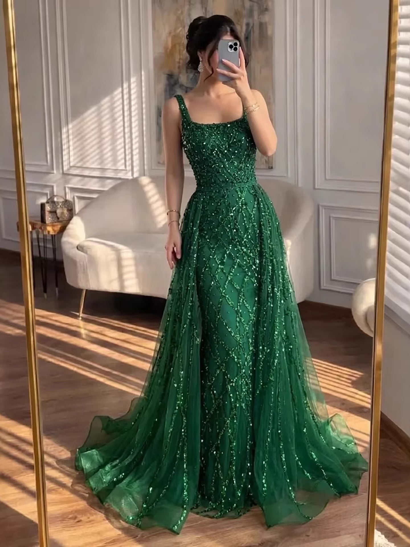 Arabic Luxury Beaded Mermaid With Detachable Overskirt Evening Dress Sleeveless Slit Women Party Gown CLA70765