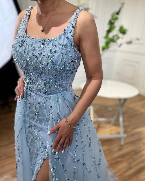 Arabic Luxury Beaded Mermaid With Detachable Overskirt Evening Dress Sleeveless Slit Women Party Gown CLA70765