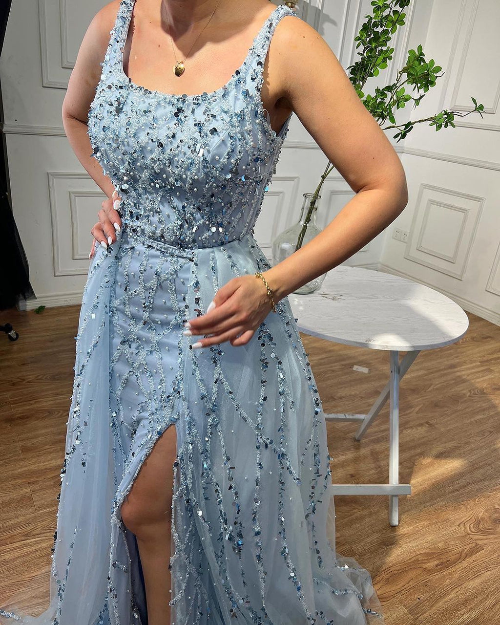 Arabic Luxury Beaded Mermaid With Detachable Overskirt Evening Dress Sleeveless Slit Women Party Gown CLA70765