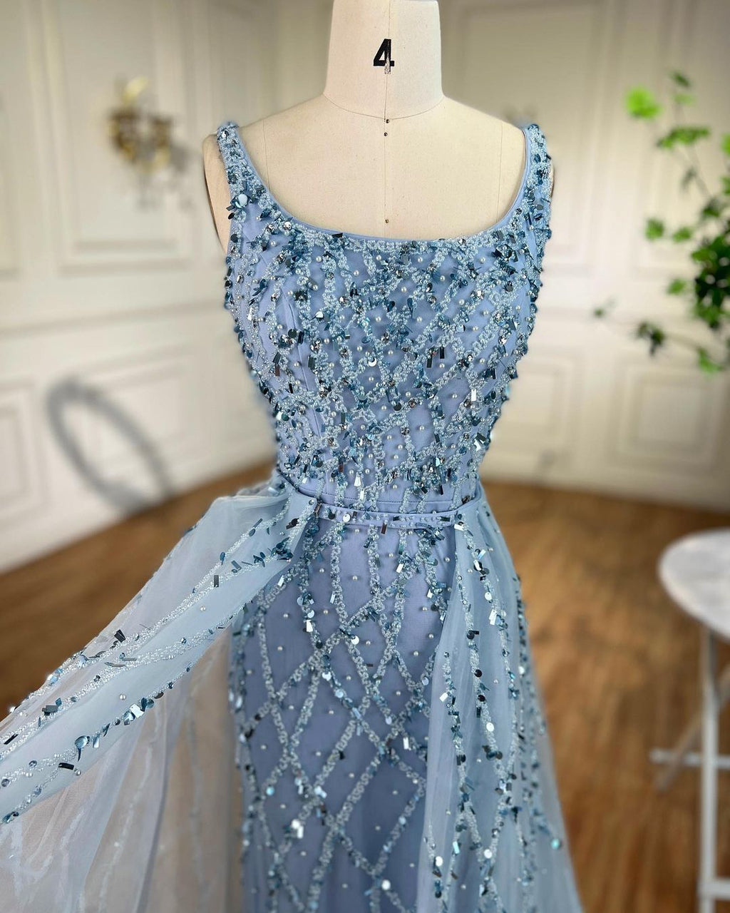 Arabic Luxury Beaded Mermaid With Detachable Overskirt Evening Dress Sleeveless Slit Women Party Gown CLA70765