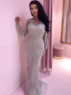 Arabic Luxury Beaded Tassels Silver Nude Evening Dress Modest For Muslim Women Hijab CLA71166