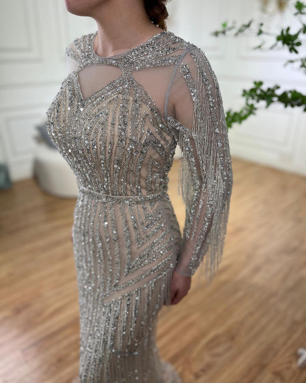 Arabic Luxury Beaded Tassels Silver Nude Evening Dress Modest For Muslim Women Hijab CLA71166