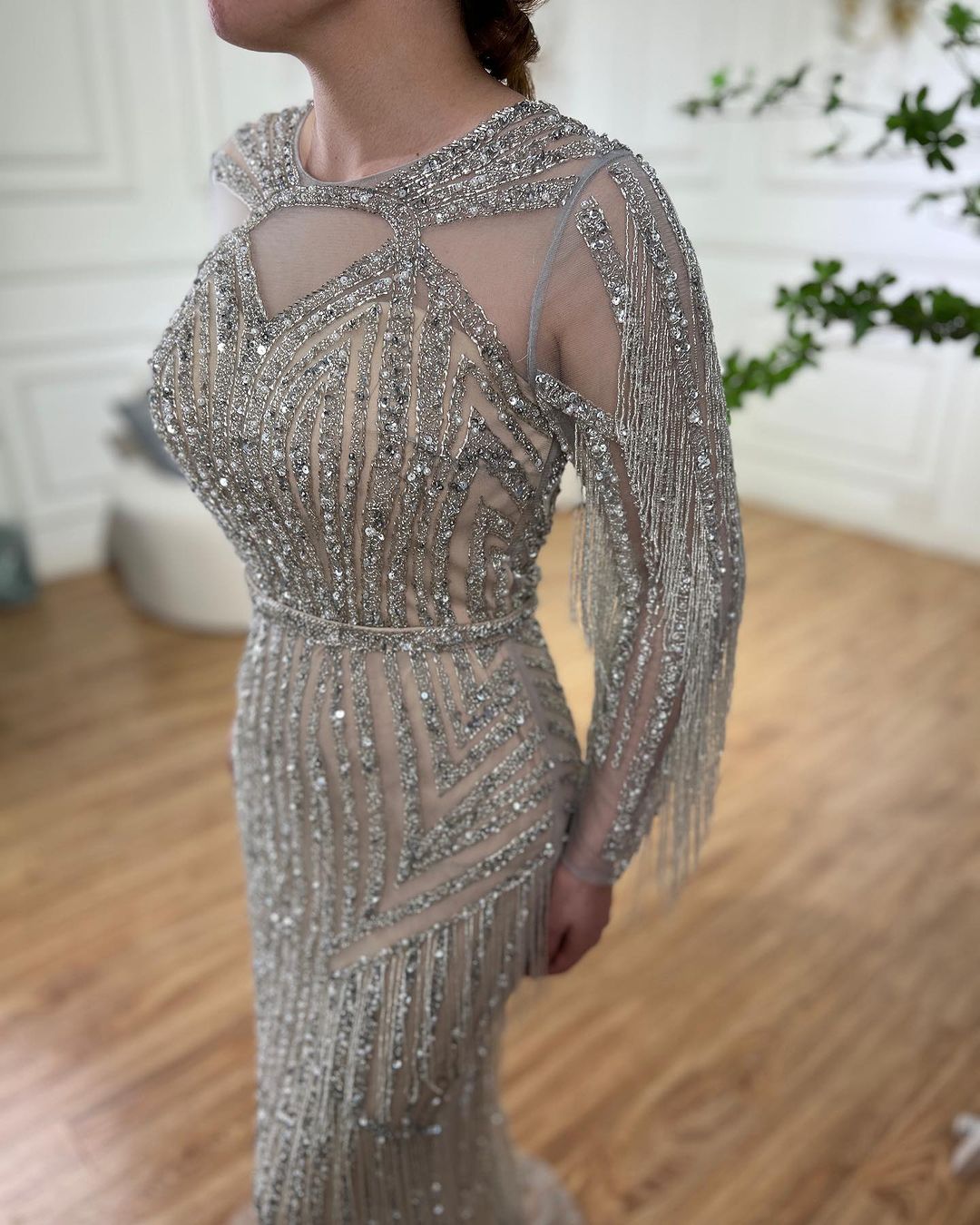 Arabic Luxury Beaded Tassels Silver Nude Evening Dress Modest For Muslim Women Hijab CLA71166