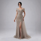 Luxury Caramel Mermaid Beaded Slit Evening Dress With Side Overskirt CLA71686A