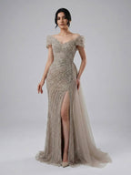 Luxury Caramel Mermaid Beaded Slit Evening Dress With Side Overskirt CLA71686A
