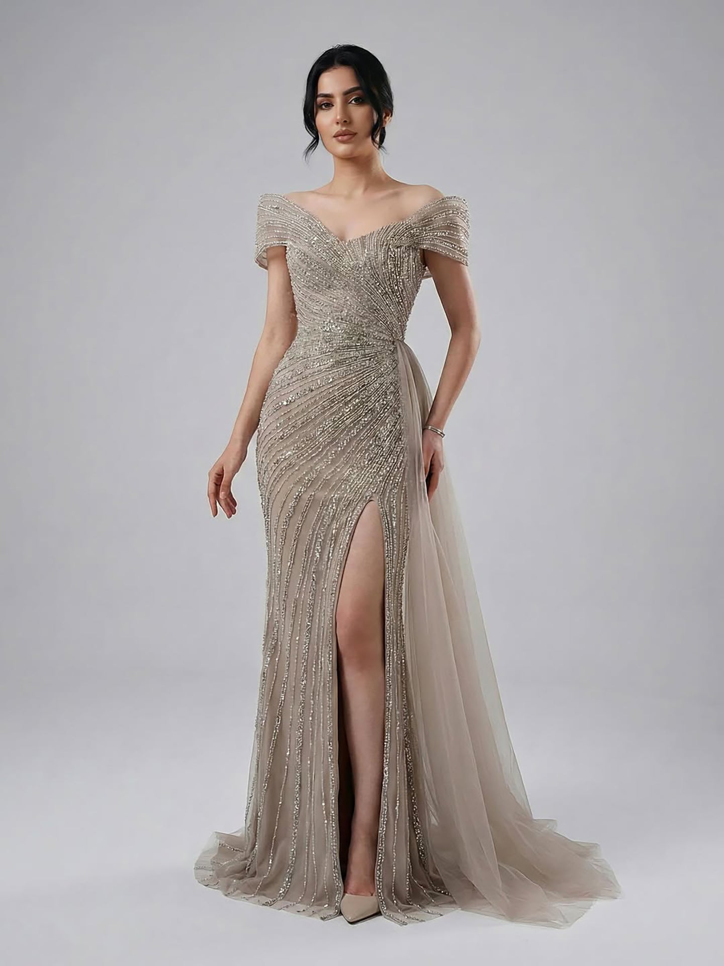 Luxury Caramel Mermaid Beaded Slit Evening Dress With Side Overskirt CLA71686A