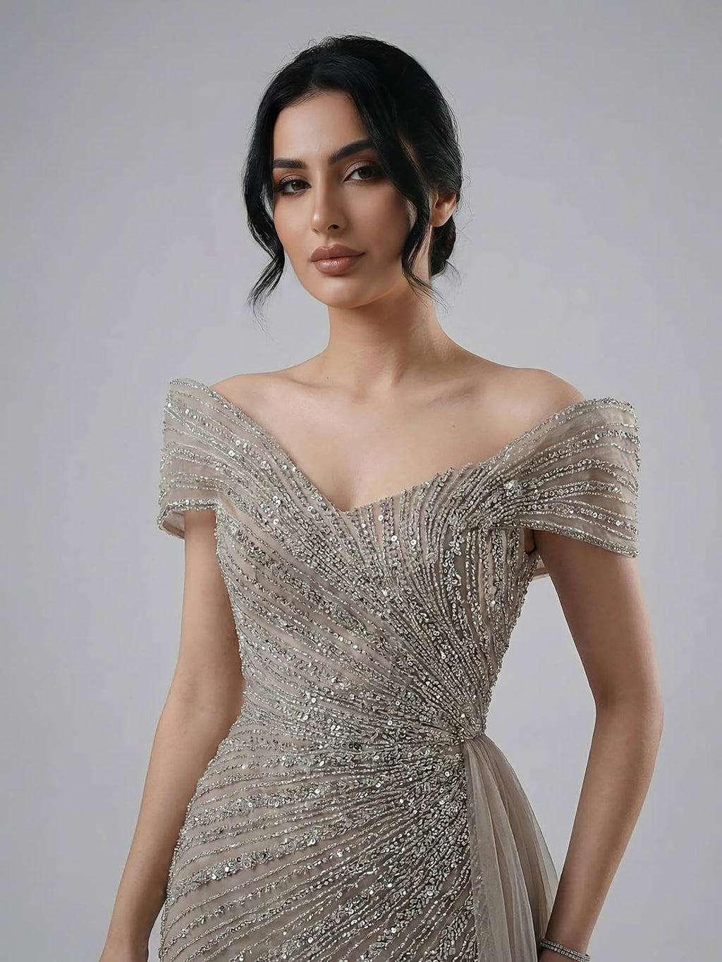 Luxury Caramel Mermaid Beaded Slit Evening Dress With Side Overskirt CLA71686A