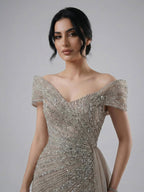Luxury Caramel Mermaid Beaded Slit Evening Dress With Side Overskirt CLA71686A